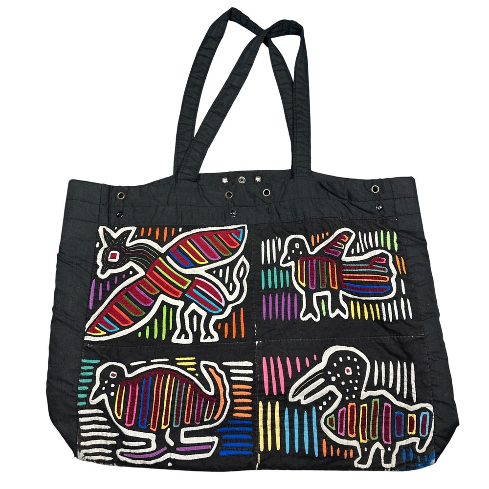 Vintage Mola Applique Tote Bag Handcrafted Folk Art Animal Bird Black Cotton